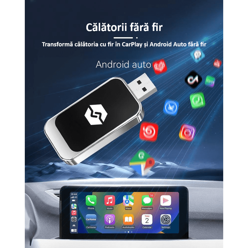 Auto si Moto - Electronice auto - Multimedia auto - Adaptor wireless CarPlay & Android Auto 2-in-1 ZYTEQ®️ Q1BZ, iOS 10+/Android 11+, WiFi 5GHz, Plug-and-Play, negru - Infinity.ro