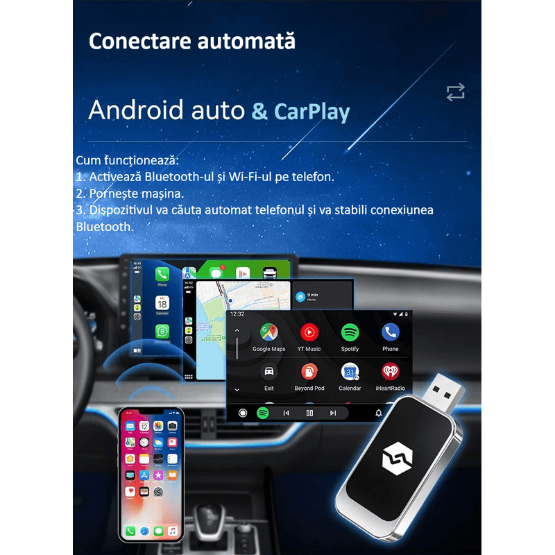 Auto si Moto - Electronice auto - Multimedia auto - Adaptor wireless CarPlay & Android Auto 2-in-1 ZYTEQ®️ Q1BZ, iOS 10+/Android 11+, WiFi 5GHz, Plug-and-Play, negru - Infinity.ro