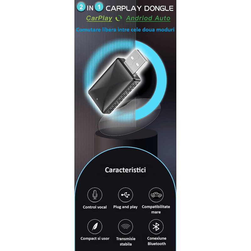 Auto si Moto - Electronice auto - Multimedia auto - Adaptor wireless CarPlay & Android Auto 2-in-1 ZYTEQ®️ TY609, iOS 10+/Android 11+, WiFi 5GHz, Plug-and-Play, negru - Infinity.ro