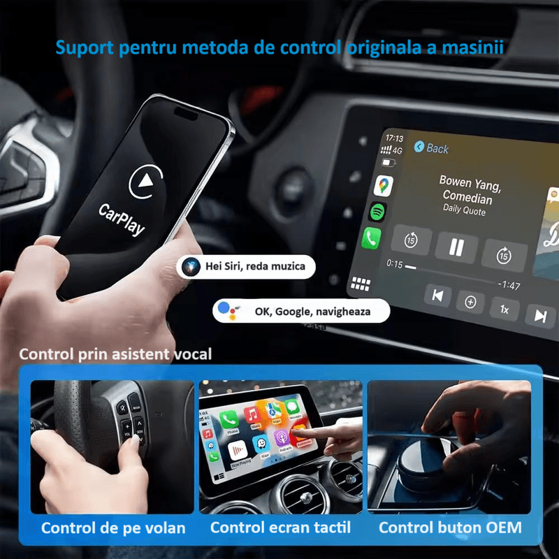 Auto si Moto - Electronice auto - Multimedia auto - Adaptor wireless CarPlay & Android Auto 2-in-1 ZYTEQ®️ TY609, iOS 10+/Android 11+, WiFi 5GHz, Plug-and-Play, negru - Infinity.ro