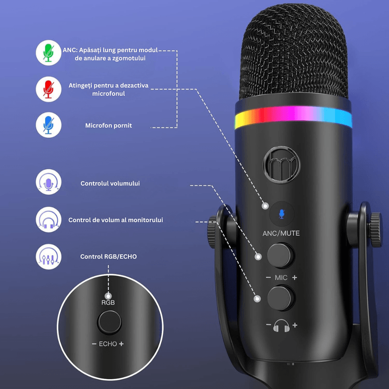 TV, Audio-Video si Foto - Audio profesionale - Microfoane profesionale - Microfon Profesional K66 USB, RGB, Mute, Suport Detasabil, Gaming, Podcast, Windows, Mac, PS4/PS5, Negru - Infinity.ro