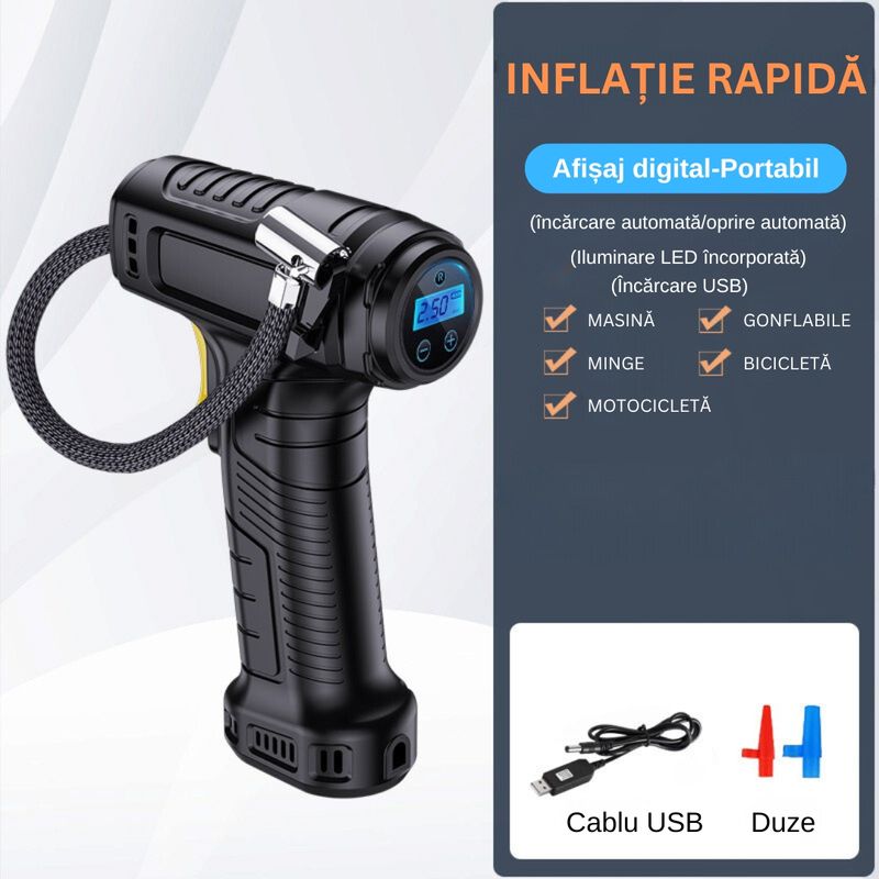 Auto si Moto - Piese auto si accesorii - Piese auto - Pompe de combustibil si injectoare - Pompa de aer electrica, Afisaj Digital, Oprire automata, Lanterna LED, Multifunctionala, 100W, Manometru, Negru - Infinity.ro