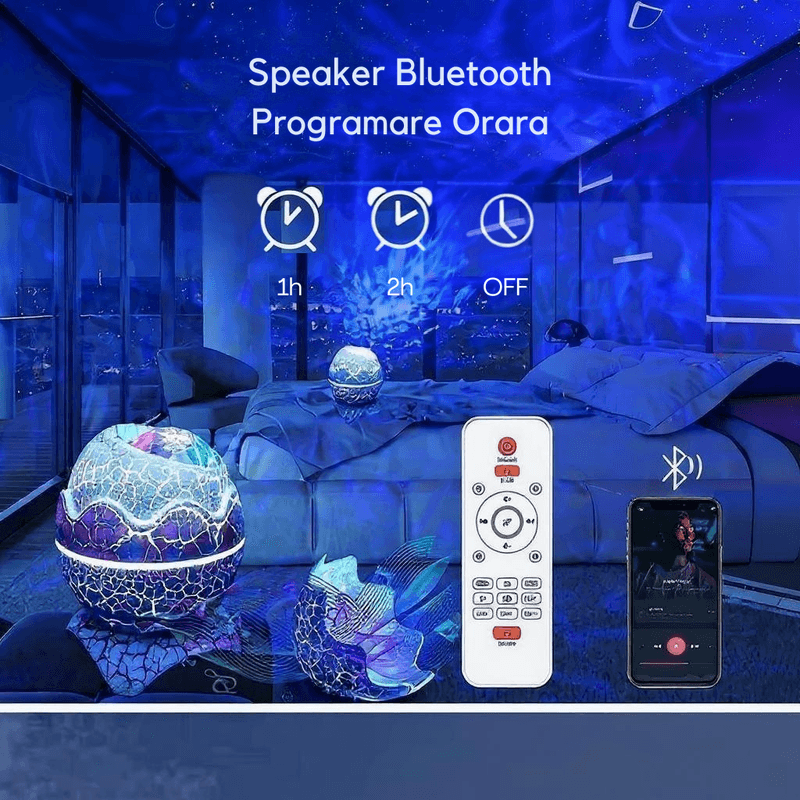 Casa si Gradina - Corpuri si surse de iluminat - Veioze si lampi - Lampi de veghe copii - Proiector de Stele si Galaxii Ou de Dinozaur cu Difuzor Bluetooth, Sunete Ambientale, Temporizator,  Lampa de Veghe LED - Infinity.ro