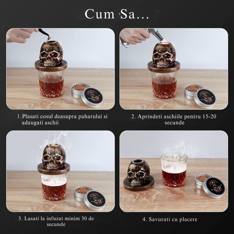 Casa si Gradina - Bucatarie si vesela - Accesorii bar - Shakere - Set afumare băuturi cu coș de fum în formă de craniu – ceramică, torță și chipsuri lemn aromatic - Infinity.ro