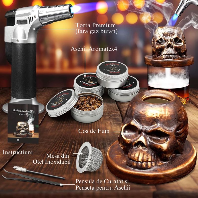 Casa si Gradina - Bucatarie si vesela - Accesorii bar - Shakere - Set afumare băuturi cu coș de fum în formă de craniu – ceramică, torță și chipsuri lemn aromatic - Infinity.ro