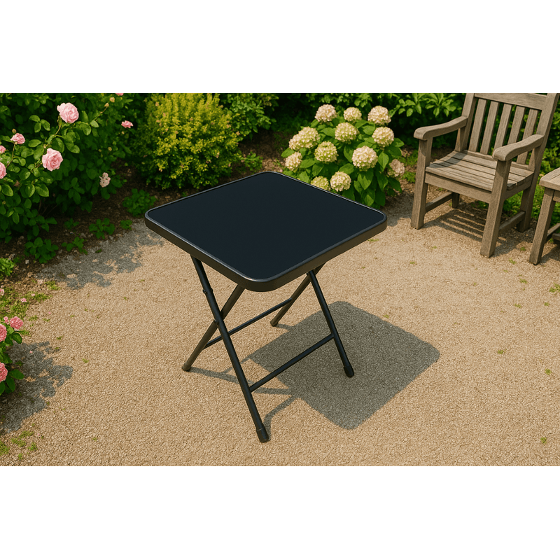 Casa si Gradina - Gradina si terasa - Mobilier exterior - Mese gradina - Masa pliabila exterior 80x80 cm 4 persoane – metal si sticla neagra rezistenta - Infinity.ro
