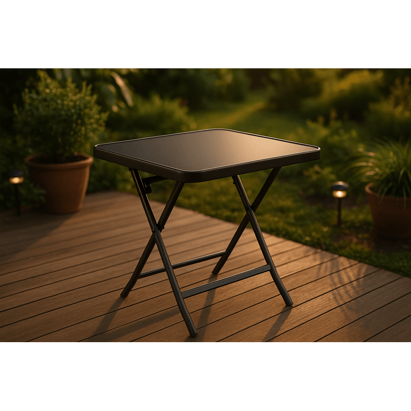 Casa si Gradina - Gradina si terasa - Mobilier exterior - Mese gradina - Masa pliabila exterior 80x80 cm 4 persoane – metal si sticla neagra rezistenta - Infinity.ro