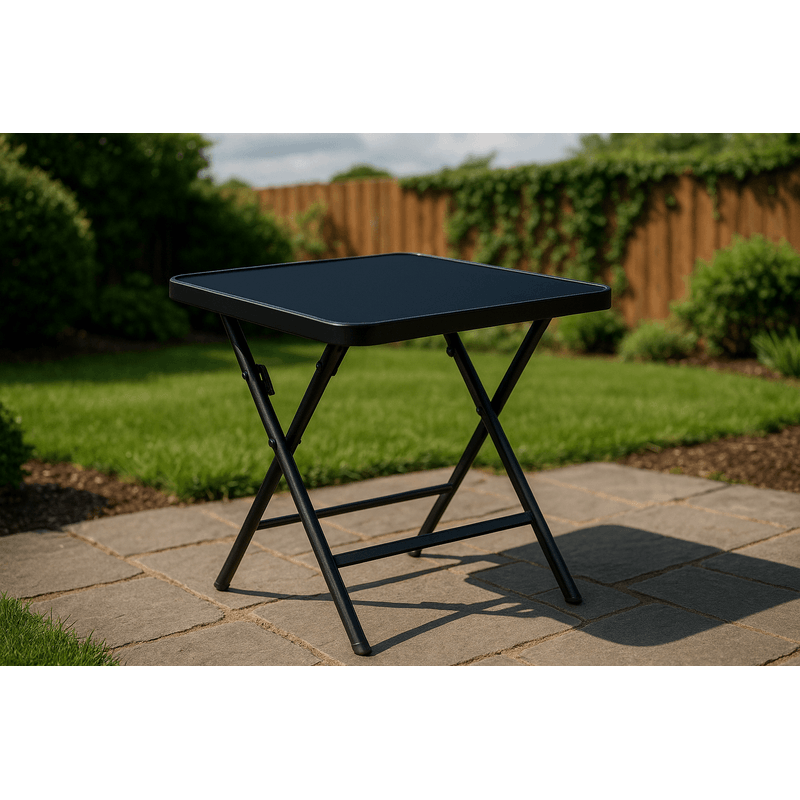 Casa si Gradina - Gradina si terasa - Mobilier exterior - Mese gradina - Masa pliabila exterior 80x80 cm 4 persoane – metal si sticla neagra rezistenta - Infinity.ro