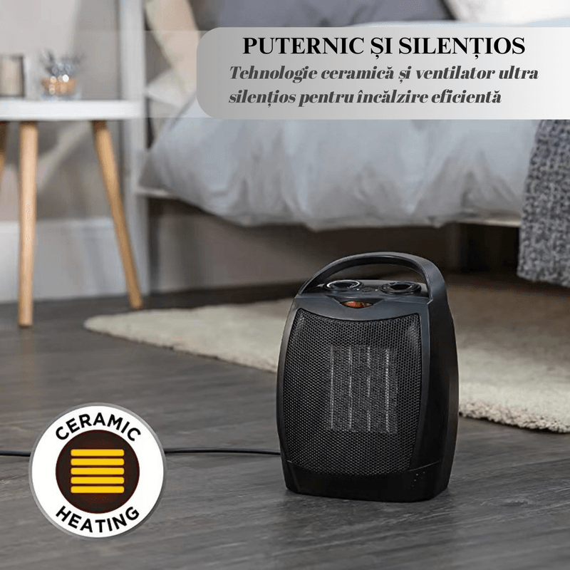 Electronice si Electrocasnice - Climatizare si sisteme de incalzire - Aparate incalzire aer - Aeroterme - Aeroterma Ceramica 1500W, Portabila, Termostat Reglabil, 2 Trepte de Viteza, Protectie Anti-Cadere, Neagra - Infinity.ro