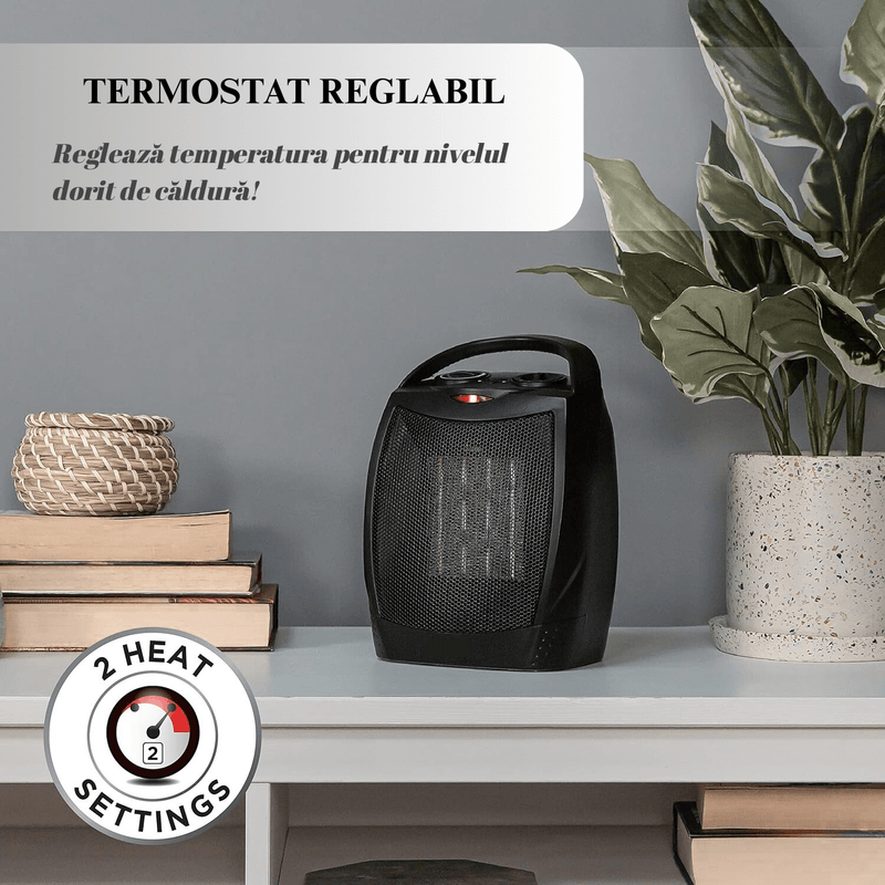 Electronice si Electrocasnice - Climatizare si sisteme de incalzire - Aparate incalzire aer - Aeroterme - Aeroterma Ceramica 1500W, Portabila, Termostat Reglabil, 2 Trepte de Viteza, Protectie Anti-Cadere, Neagra - Infinity.ro