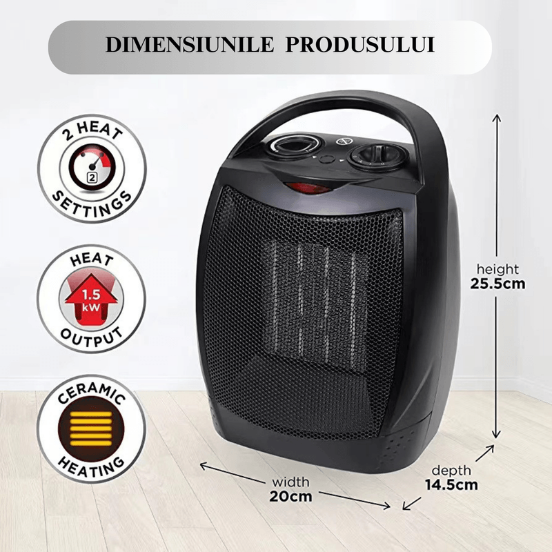 Electronice si Electrocasnice - Climatizare si sisteme de incalzire - Aparate incalzire aer - Aeroterme - Aeroterma Ceramica 1500W, Portabila, Termostat Reglabil, 2 Trepte de Viteza, Protectie Anti-Cadere, Neagra - Infinity.ro