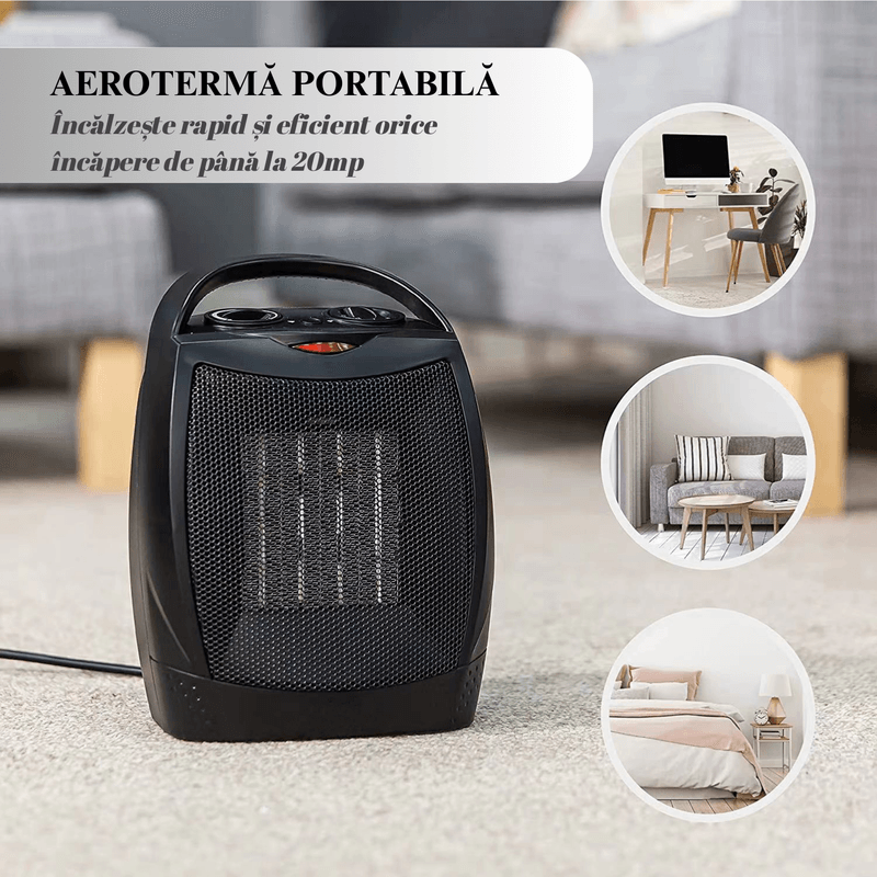 Electronice si Electrocasnice - Climatizare si sisteme de incalzire - Aparate incalzire aer - Aeroterme - Aeroterma Ceramica 1500W, Portabila, Termostat Reglabil, 2 Trepte de Viteza, Protectie Anti-Cadere, Neagra - Infinity.ro