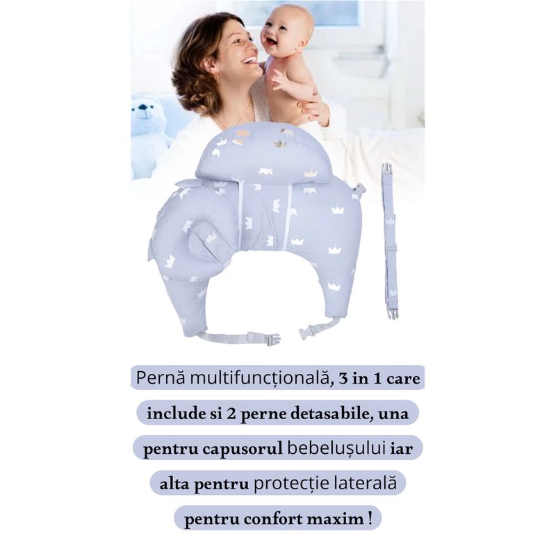 Jucarii, Copii si Bebe - Maternitate - Accesorii alaptare - Perna de ajutor alaptare si suport bebe, prindere talie, husa detasabila din bumbac, Gri - Infinity.ro