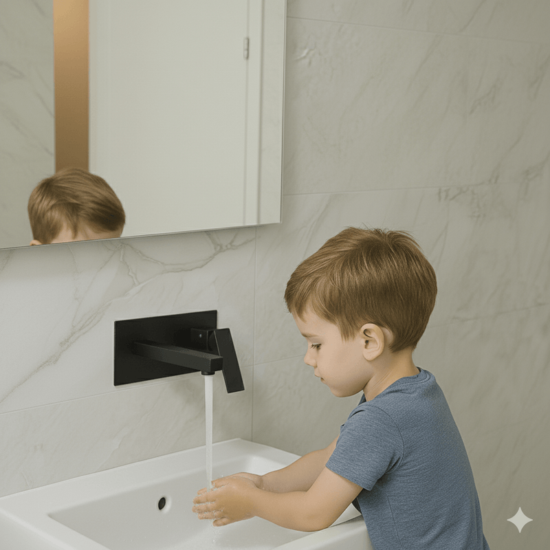 Casa si Gradina - Sanitare - Lavoar baie si accesorii - Baterii sanitare - Baterie sanitara pentru chiuveta baie GLIMATECH, Otel inoxidabil, Prindere in perete, Design modern, Negru mat - Infinity.ro