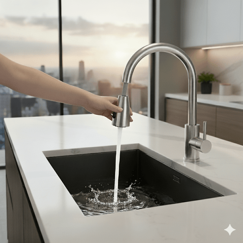 Casa si Gradina - Sanitare - Lavoar baie si accesorii - Baterii sanitare - Baterie Sanitara Cu Dus Extractabil, Cu Pipa Flexibila la 360 grade, Doua Tipuri de Jet, Accesorii Incluse, Gri Inox - Infinity.ro