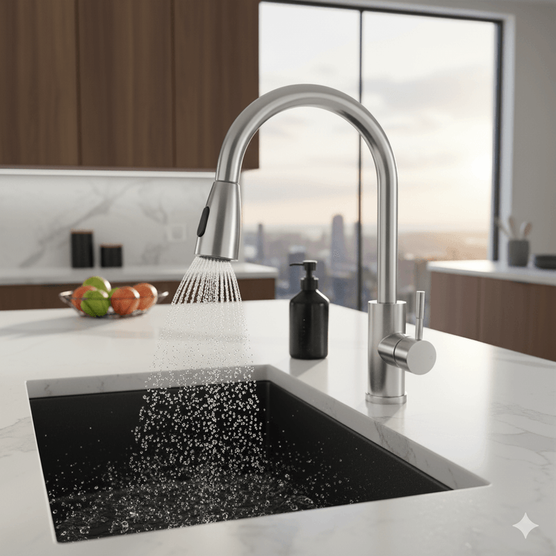 Casa si Gradina - Sanitare - Lavoar baie si accesorii - Baterii sanitare - Baterie Sanitara Cu Dus Extractabil, Cu Pipa Flexibila la 360 grade, Doua Tipuri de Jet, Accesorii Incluse, Gri Inox - Infinity.ro