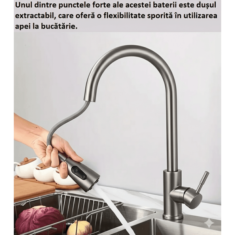 Casa si Gradina - Sanitare - Lavoar baie si accesorii - Baterii sanitare - Baterie Sanitara Cu Dus Extractabil, Cu Pipa Flexibila la 360 grade, Doua Tipuri de Jet, Accesorii Incluse, Gri Inox - Infinity.ro