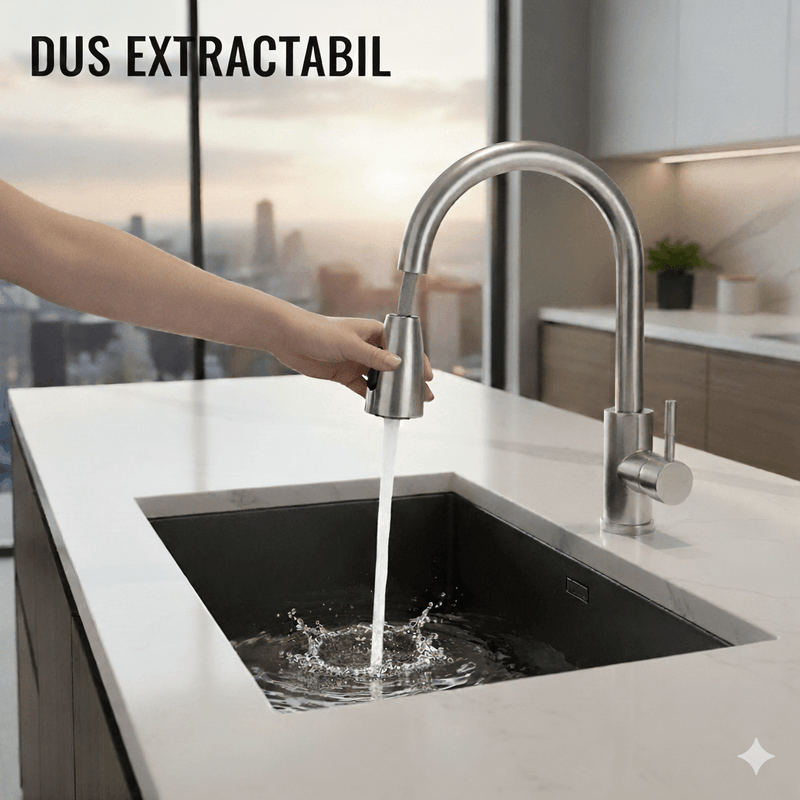 Casa si Gradina - Sanitare - Lavoar baie si accesorii - Baterii sanitare - Baterie Sanitara Cu Dus Extractabil, Cu Pipa Flexibila la 360 grade, Doua Tipuri de Jet, Accesorii Incluse, Gri Inox - Infinity.ro