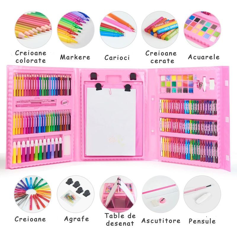 Jucarii, Copii si Bebe - Jucarii si jocuri - Jucarii & jocuri educative - Seturi pictura si desen - Set de pictura si desen pentru copii, 208 piese, Roz - Infinity.ro