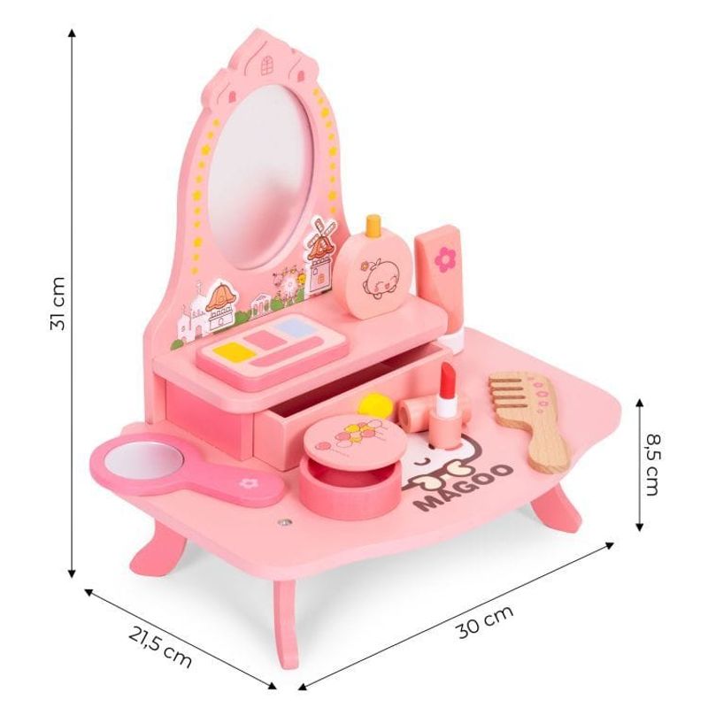 Jucarii, Copii si Bebe - Jucarii si jocuri - Jucarii de rol - Frumusete, bijuterii si accesorii fetite - Masuta de toaleta copii Ecotoys, lemn, oglinda, sertar, 7 accesorii, roz KID007271 - Infinity.ro