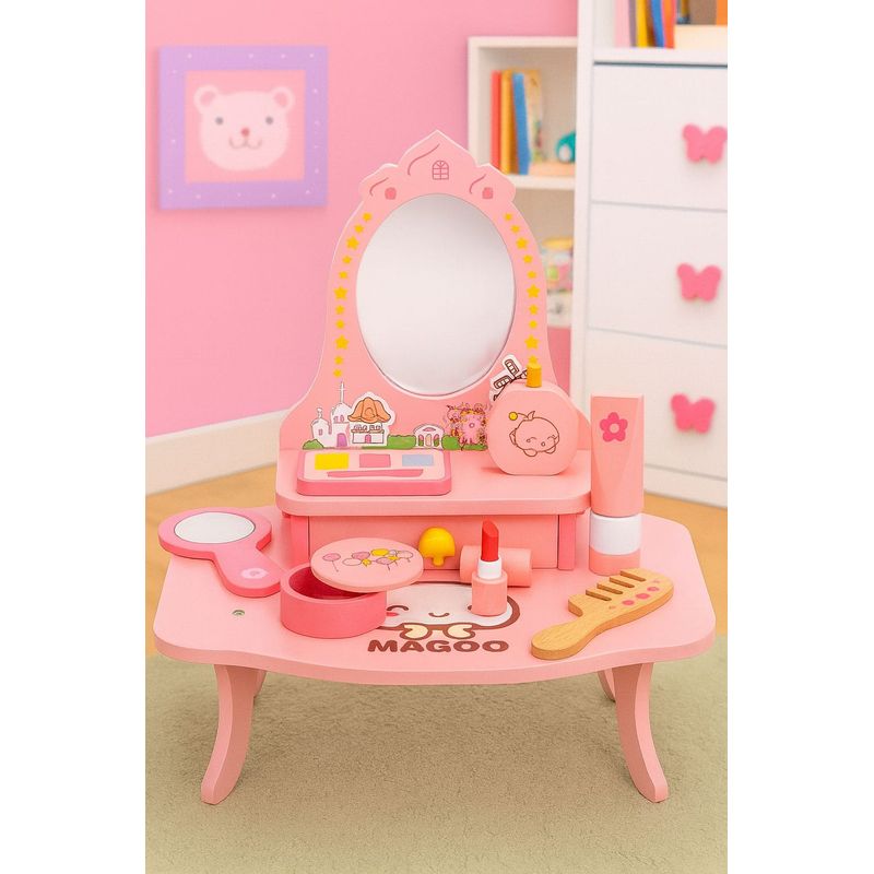 Jucarii, Copii si Bebe - Jucarii si jocuri - Jucarii de rol - Frumusete, bijuterii si accesorii fetite - Masuta de toaleta copii Ecotoys, lemn, oglinda, sertar, 7 accesorii, roz KID007271 - Infinity.ro