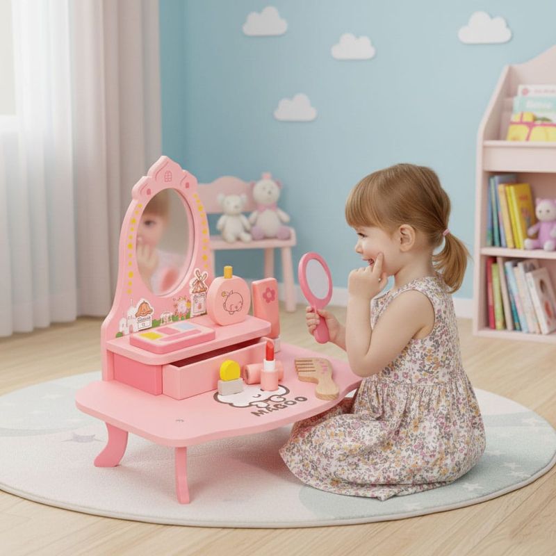 Jucarii, Copii si Bebe - Jucarii si jocuri - Jucarii de rol - Frumusete, bijuterii si accesorii fetite - Masuta de toaleta copii Ecotoys, lemn, oglinda, sertar, 7 accesorii, roz KID007271 - Infinity.ro