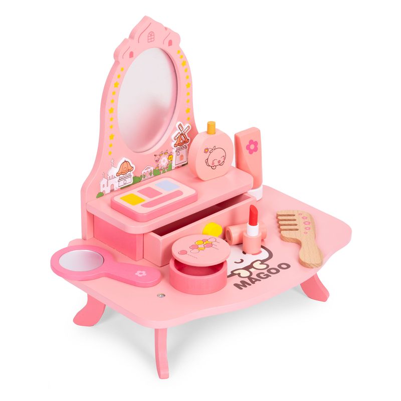Jucarii, Copii si Bebe - Jucarii si jocuri - Jucarii de rol - Frumusete, bijuterii si accesorii fetite - Masuta de toaleta copii Ecotoys, lemn, oglinda, sertar, 7 accesorii, roz KID007271 - Infinity.ro