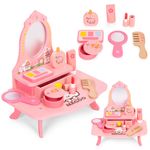 Jucarii, Copii si Bebe - Jucarii si jocuri - Jucarii de rol - Frumusete, bijuterii si accesorii fetite - Masuta de toaleta copii Ecotoys, lemn, oglinda, sertar, 7 accesorii, roz KID007271 - Infinity.ro