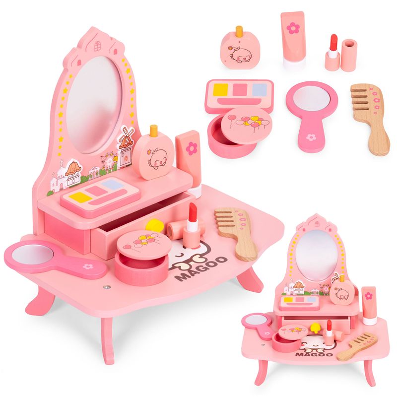 Jucarii, Copii si Bebe - Jucarii si jocuri - Jucarii de rol - Frumusete, bijuterii si accesorii fetite - Masuta de toaleta copii Ecotoys, lemn, oglinda, sertar, 7 accesorii, roz KID007271 - Infinity.ro