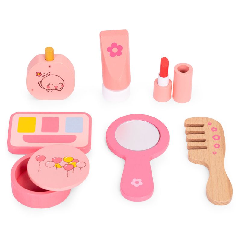 Jucarii, Copii si Bebe - Jucarii si jocuri - Jucarii de rol - Frumusete, bijuterii si accesorii fetite - Masuta de toaleta copii Ecotoys, lemn, oglinda, sertar, 7 accesorii, roz KID007271 - Infinity.ro