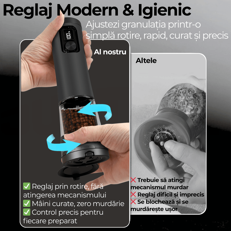 Casa si Gradina - Bucatarie si vesela - Ustensile bucatarie - Rasnite si dozatoare condimente - Set 2 Rasnite Electrice JustNet® pentru Sare, Piper si Condimente, Iluminare LED si Afisaj Digital, Baza Incarcare USB-C - Infinity.ro