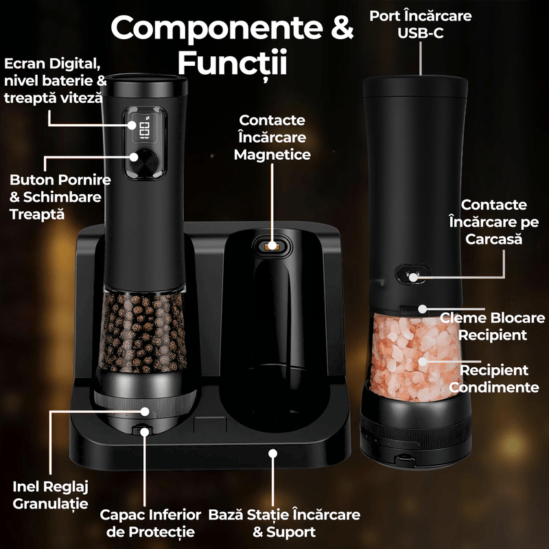 Casa si Gradina - Bucatarie si vesela - Ustensile bucatarie - Rasnite si dozatoare condimente - Set 2 Rasnite Electrice JustNet® pentru Sare, Piper si Condimente, Iluminare LED si Afisaj Digital, Baza Incarcare USB-C - Infinity.ro