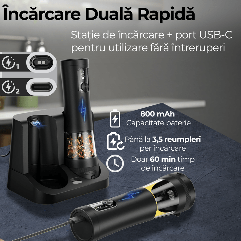 Casa si Gradina - Bucatarie si vesela - Ustensile bucatarie - Rasnite si dozatoare condimente - Set 2 Rasnite Electrice JustNet® pentru Sare, Piper si Condimente, Iluminare LED si Afisaj Digital, Baza Incarcare USB-C - Infinity.ro