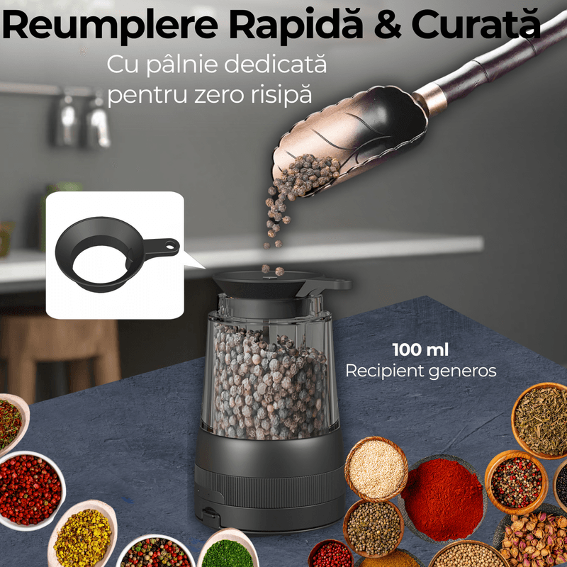 Casa si Gradina - Bucatarie si vesela - Ustensile bucatarie - Rasnite si dozatoare condimente - Set 2 Rasnite Electrice JustNet® pentru Sare, Piper si Condimente, Iluminare LED si Afisaj Digital, Baza Incarcare USB-C - Infinity.ro