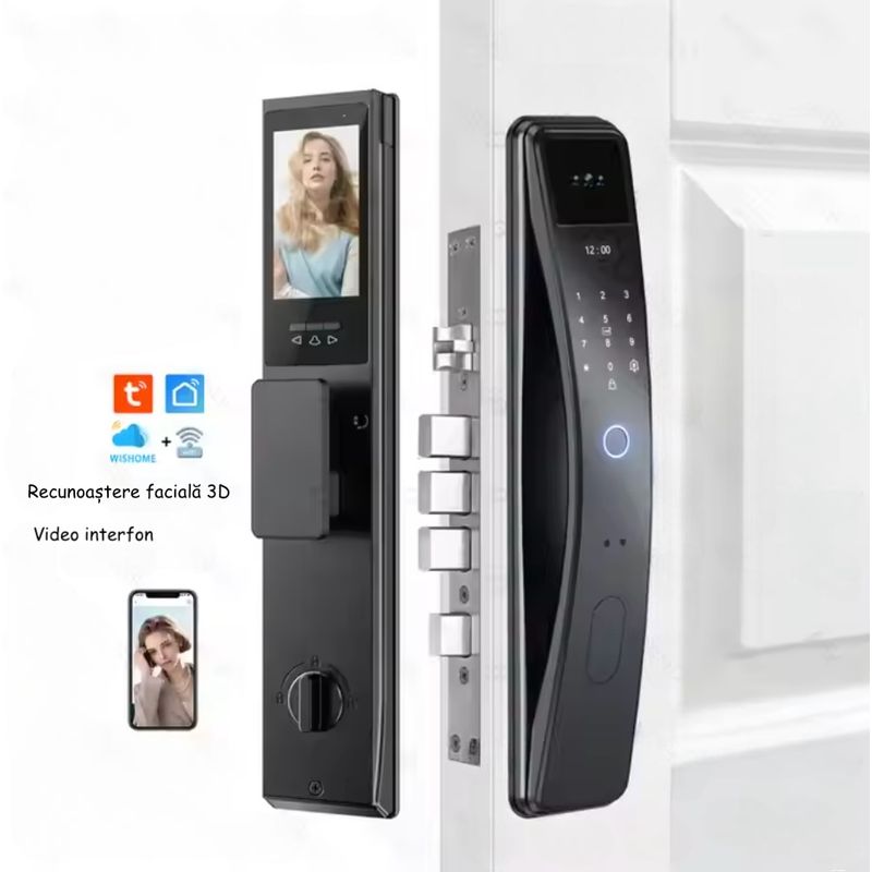 Casa si Gradina - Constructii - Feronerie si accesorii - Broaste si yale - Yala Inteligenta ambrasmart cu Recunoastere Faciala 3D, Interfon si WiFi, Negru, Sistem de Deblocare Multifunctional - Infinity.ro