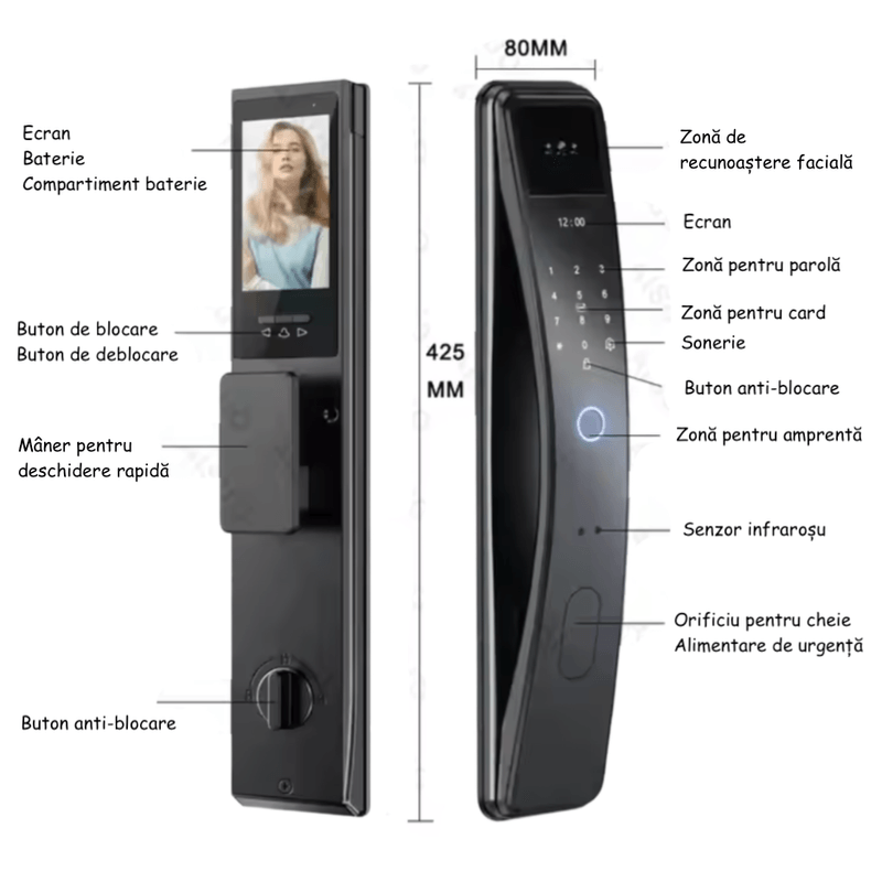 Casa si Gradina - Constructii - Feronerie si accesorii - Broaste si yale - Yala Inteligenta ambrasmart cu Recunoastere Faciala 3D, Interfon si WiFi, Negru, Sistem de Deblocare Multifunctional - Infinity.ro