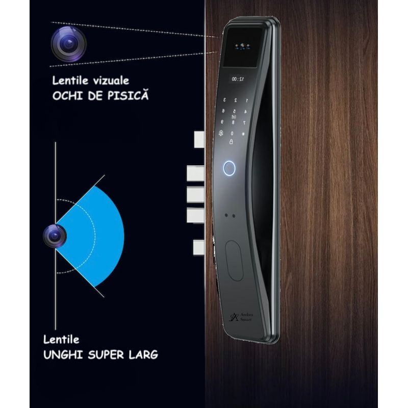 Casa si Gradina - Constructii - Feronerie si accesorii - Broaste si yale - Yala Inteligenta ambrasmart cu Recunoastere Faciala 3D, Interfon si WiFi, Negru, Sistem de Deblocare Multifunctional - Infinity.ro
