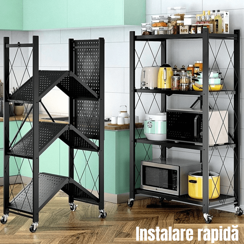 Casa si Gradina - Mobilier - Biblioteci si rafturi - Rafturi - Raft de Bucatarie, Dormitor, Baie Living, Metalic, Roti, 4 Polite, montaj prin clipsare, Pliabil, 72 X 38 X 126 cm - Infinity.ro