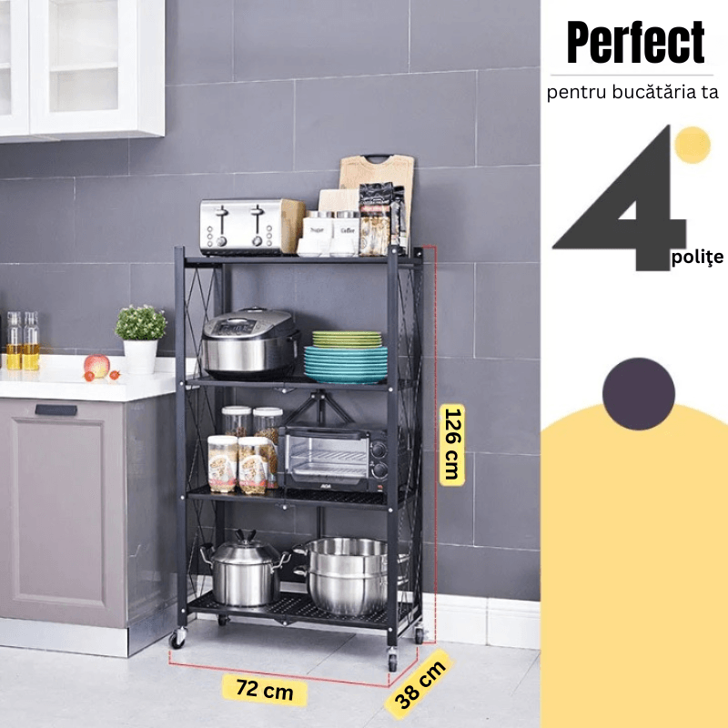 Casa si Gradina - Mobilier - Biblioteci si rafturi - Rafturi - Raft de Bucatarie, Dormitor, Baie Living, Metalic, Roti, 4 Polite, montaj prin clipsare, Pliabil, 72 X 38 X 126 cm - Infinity.ro