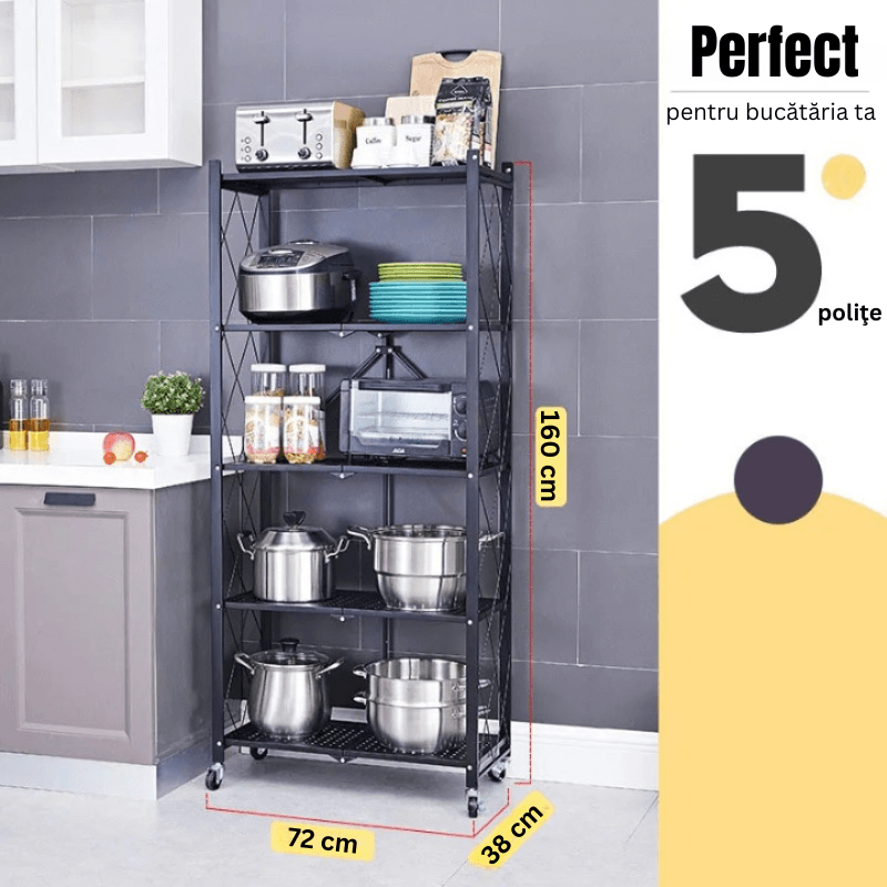 Casa si Gradina - Mobilier - Biblioteci si rafturi - Rafturi - Raft pt Bucatarie, Dormitor, Baie, Living, Metalic, cu Roti, 5 Polite, montaj  prin clipsare, Pliabil, 72 X 38 X 160 cm - Infinity.ro