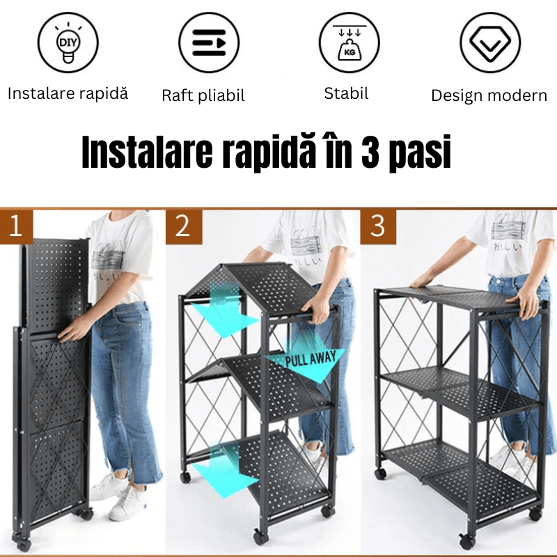 Casa si Gradina - Mobilier - Biblioteci si rafturi - Rafturi - Raft pt Bucatarie, Dormitor, Baie, Living, Metalic, cu Roti, 5 Polite, montaj  prin clipsare, Pliabil, 72 X 38 X 160 cm - Infinity.ro