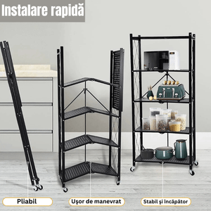 Raft pt Bucatarie, Dormitor, Baie, Living, Metalic, cu Roti, 5 Polite, montaj  prin clipsare, Pliabil, 72 X 38 X 160 cm