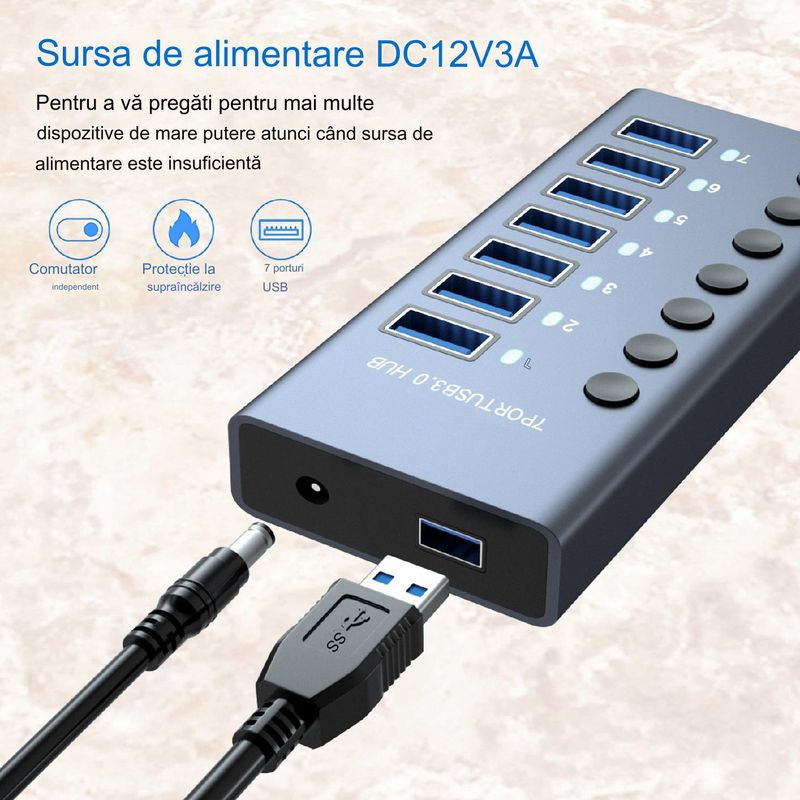PC, gaming si accesorii - Retelistica - Hub-uri - Hub USB 7 in 1 cu buton ON/OFF, PRESTIGE CHARGE®, din aluminiu, 7 porturi USB 3.0 transfer date 5Gbps si incarcare 36W - Infinity.ro
