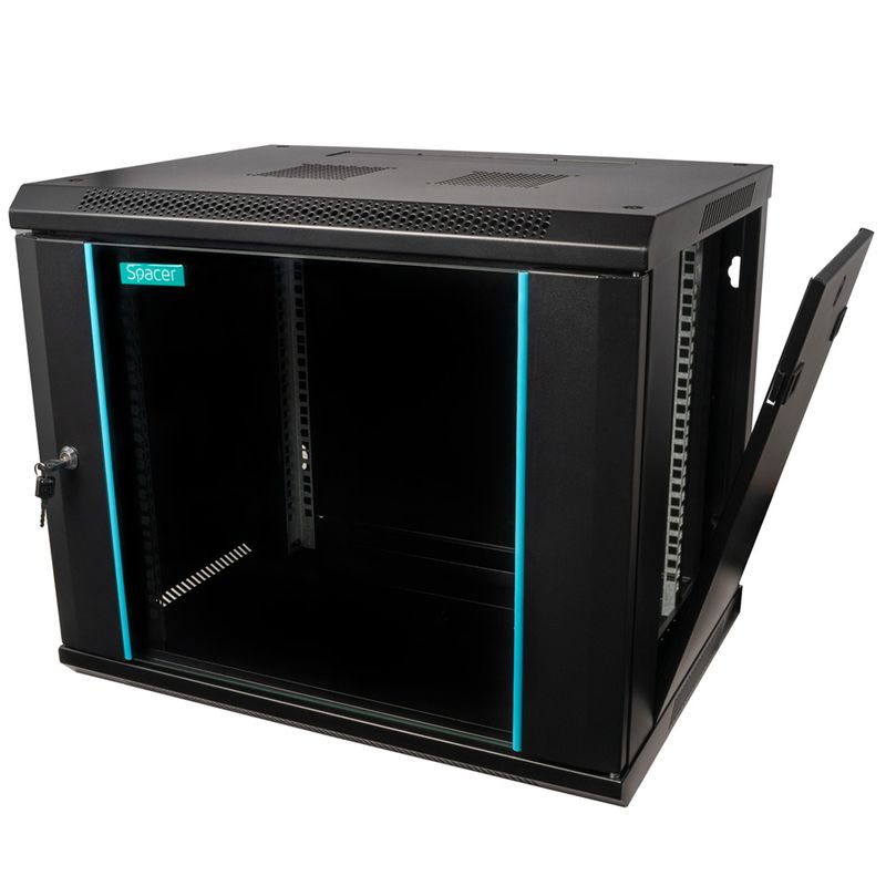PC, gaming si accesorii - Servere - Cabinete metalice - Cabinet Rack 19″ SPACER 9U 600x450mm, fixare perete, usa sticla, negru, sarcina 60Kg - Infinity.ro