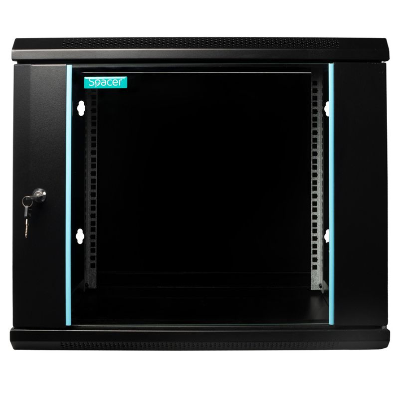PC, gaming si accesorii - Servere - Cabinete metalice - Cabinet Rack 19″ SPACER 9U 600x450mm, fixare perete, usa sticla, negru, sarcina 60Kg - Infinity.ro