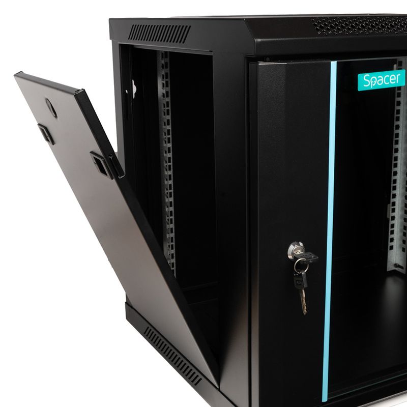 PC, gaming si accesorii - Servere - Cabinete metalice - Cabinet Rack 19″ SPACER 9U 600x450mm, fixare perete, usa sticla, negru, sarcina 60Kg - Infinity.ro