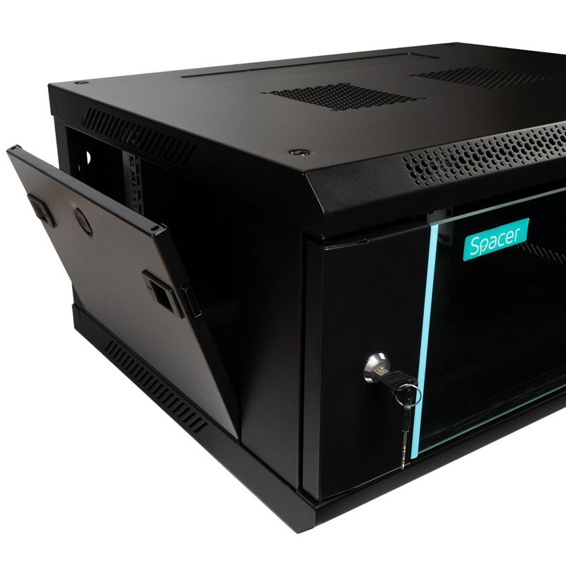 PC, gaming si accesorii - Servere - Cabinete metalice - Cabinet 19" SPACER 4U, 600x450mm, perete, negru, usa sticla, Flatpack, 60Kg - Infinity.ro