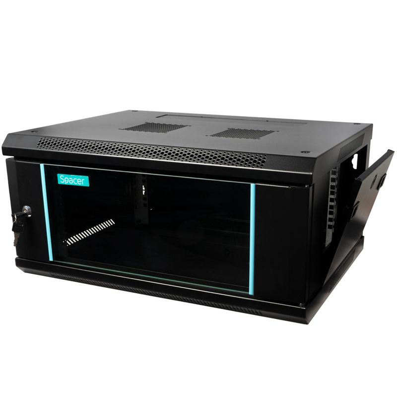 PC, gaming si accesorii - Servere - Cabinete metalice - Cabinet 19" SPACER 4U, 600x450mm, perete, negru, usa sticla, Flatpack, 60Kg - Infinity.ro