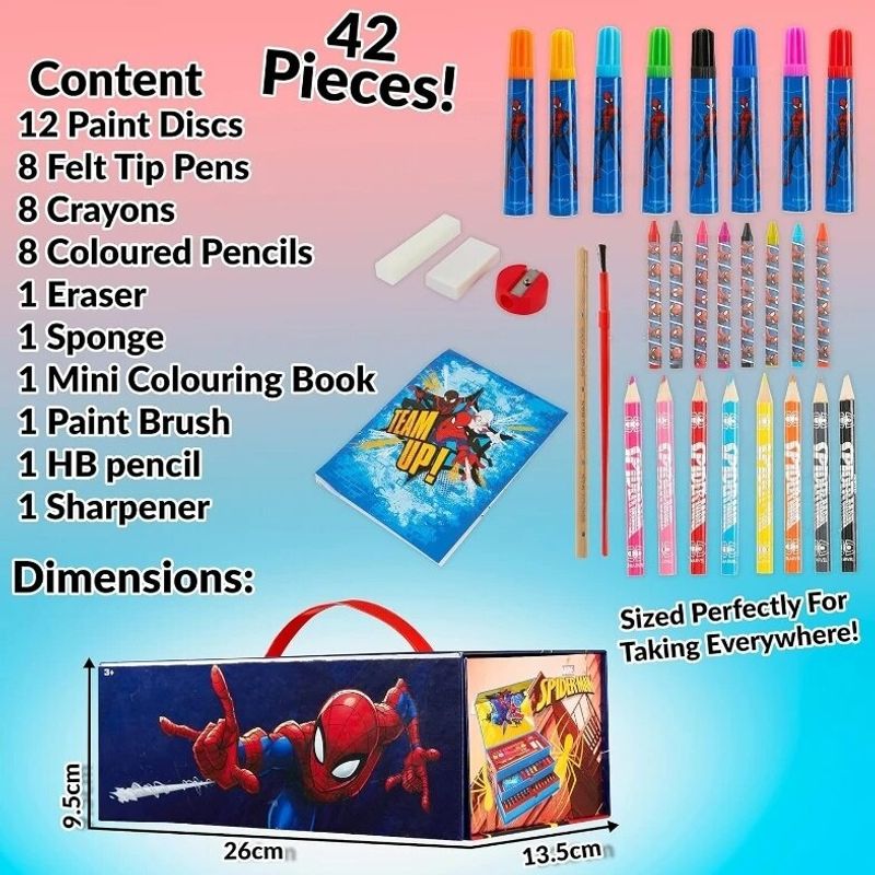 Jucarii, Copii si Bebe - Jucarii si jocuri - Jucarii & jocuri educative - Seturi pictura si desen - Set creativ de pictat cu Marvel Spider-Man, 42 piese, creioane cerate, carioci, acuarele si accesorii, in trusa - Infinity.ro