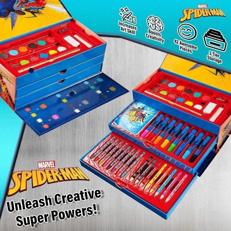 Jucarii, Copii si Bebe - Jucarii si jocuri - Jucarii & jocuri educative - Seturi pictura si desen - Set creativ de pictat cu Marvel Spider-Man, 42 piese, creioane cerate, carioci, acuarele si accesorii, in trusa - Infinity.ro